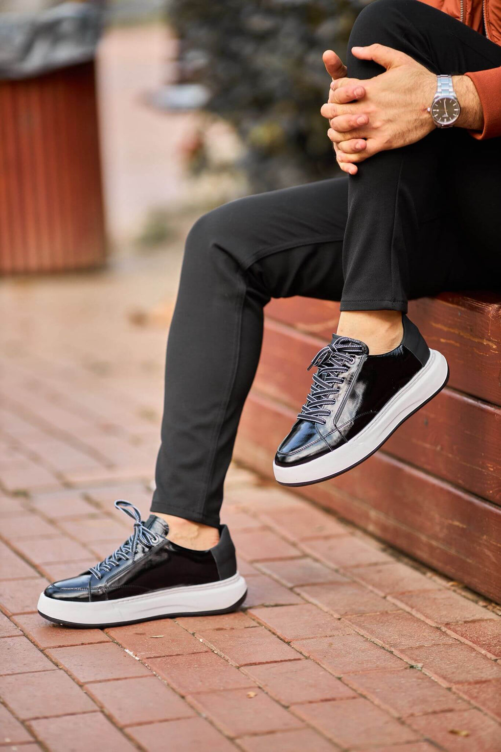 Monvero Black Patent Leather Platform Sneakers.