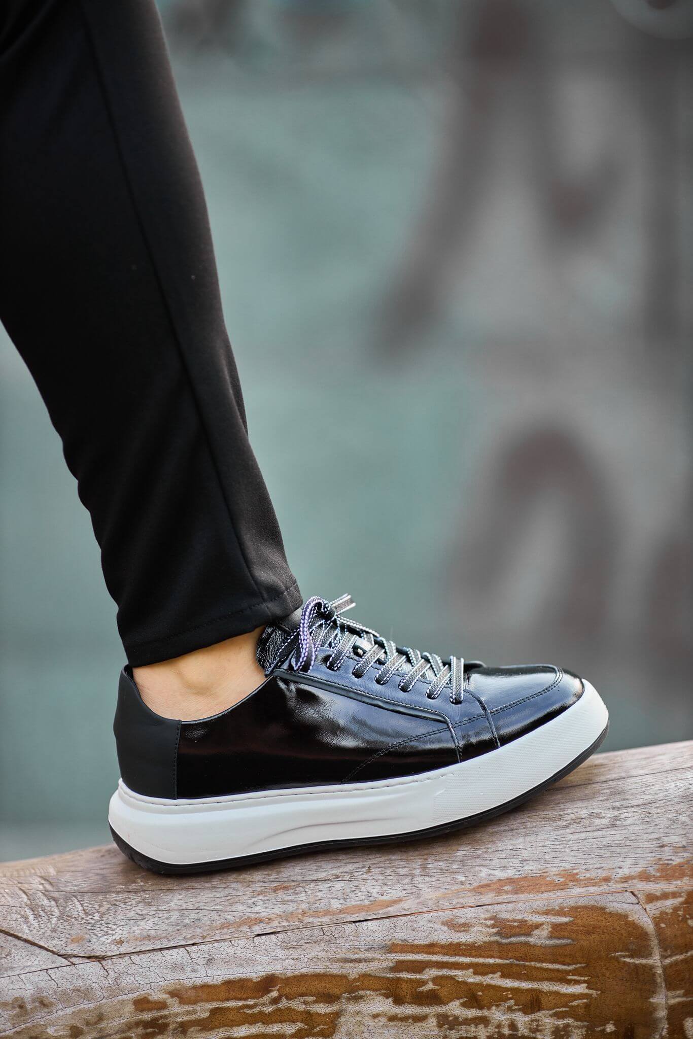 Monvero Black Patent Leather Platform Sneakers.