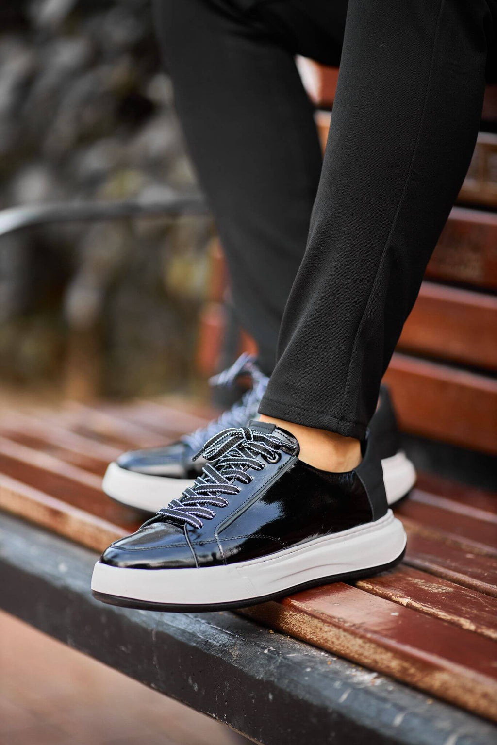 Monvero Black Patent Leather Platform Sneakers.