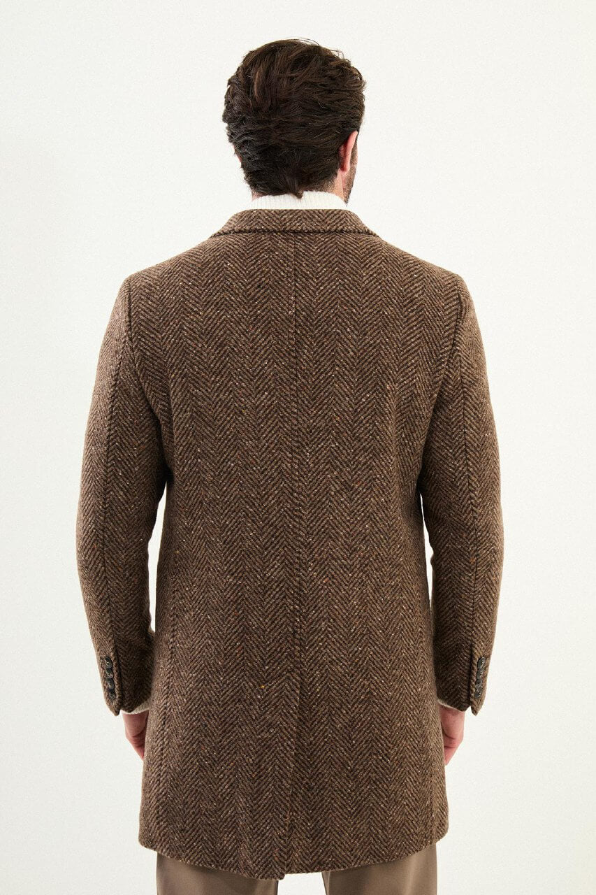 Monvero Men's Beige Herringbone Wool Blend Double Breasted Coat.