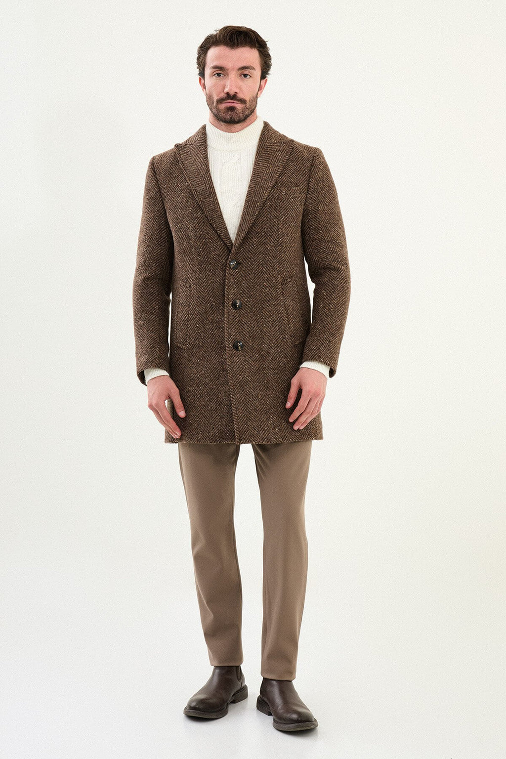 Monvero Men's Beige Herringbone Wool Blend Double Breasted Coat.