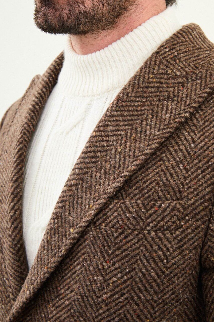 Monvero Men's Beige Herringbone Wool Blend Double Breasted Coat.