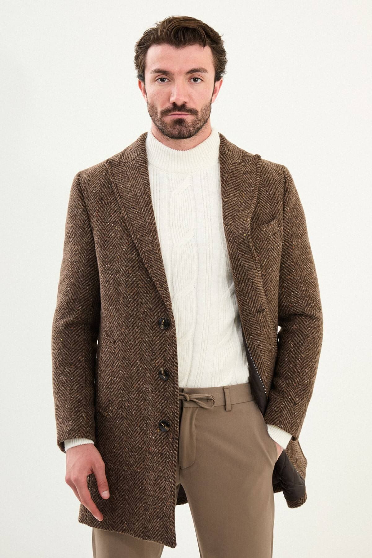 Monvero Men's Beige Herringbone Wool Blend Double Breasted Coat.