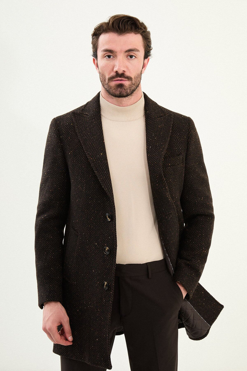 Monvero Men's Brown Wool Blend Double Breasted Coat.