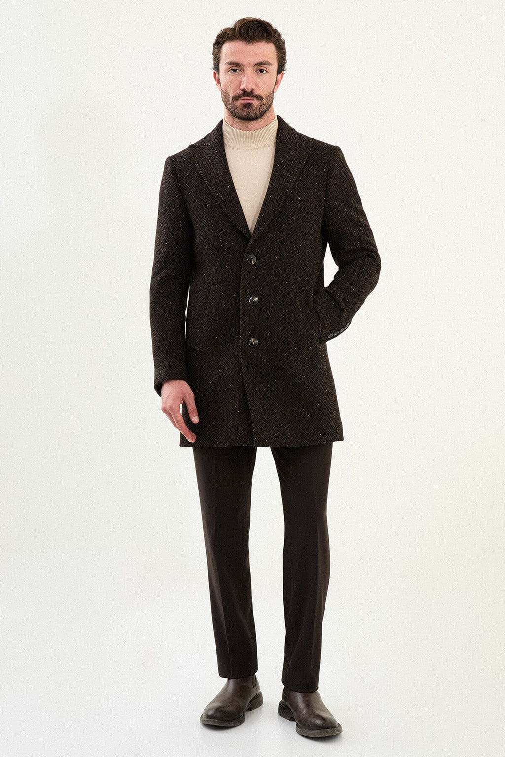 Monvero Men's Brown Wool Blend Double Breasted Coat.