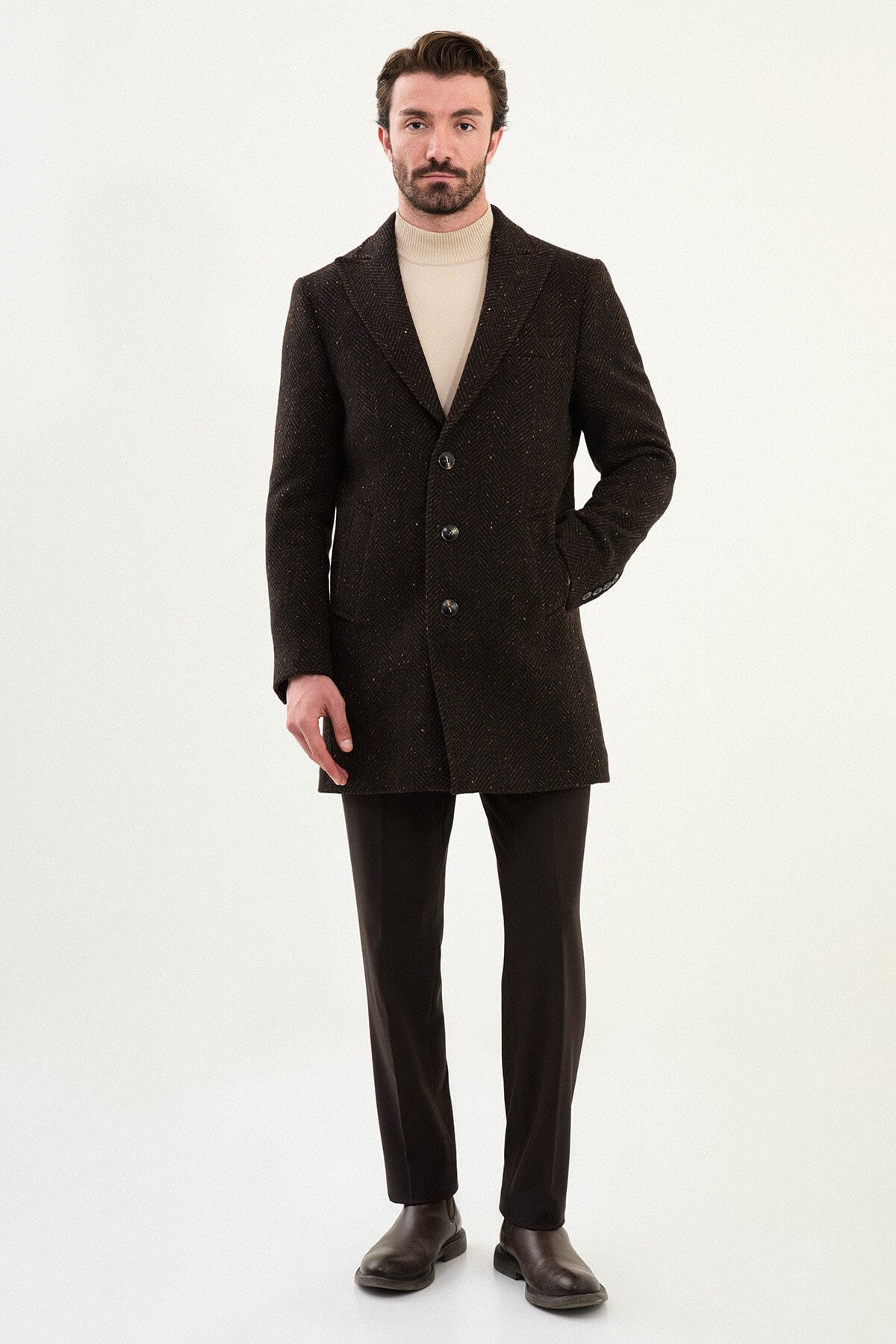 Monvero Men's Brown Wool Blend Double Breasted Coat.