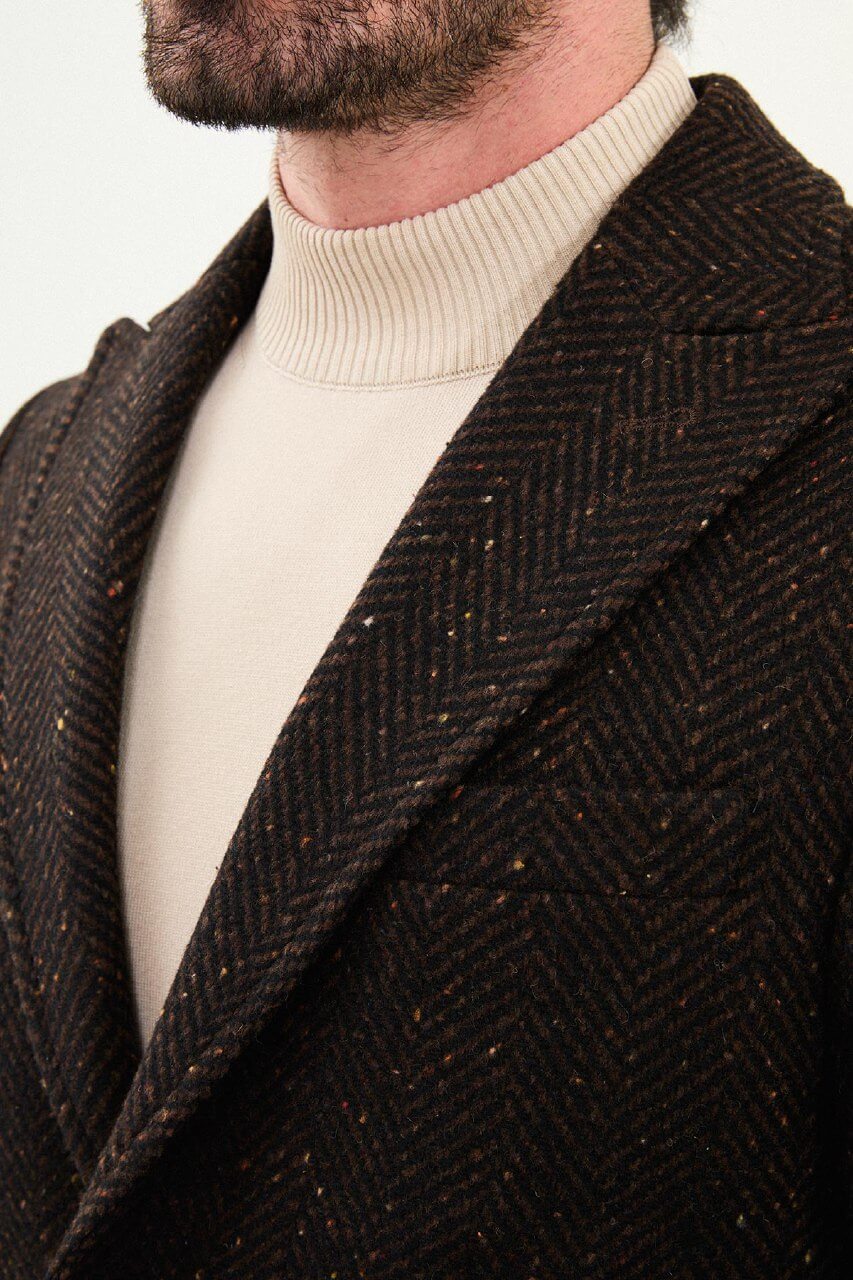 Monvero Men's Brown Wool Blend Double Breasted Coat.