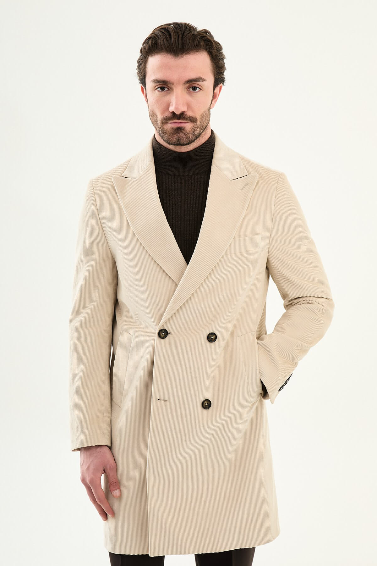 Monvero Men's Beige Double-Breasted Coat.