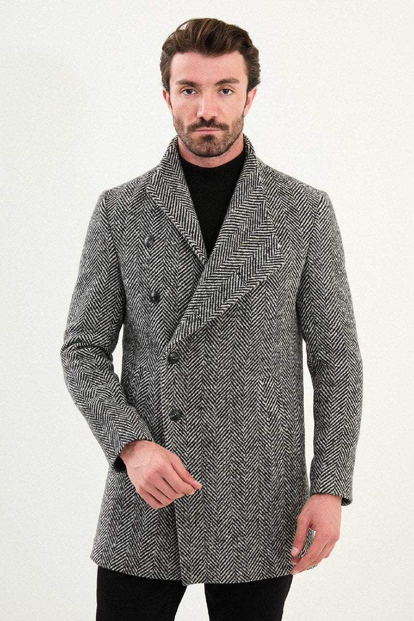 Monvero Grey Herringbone Double-Breasted Coat