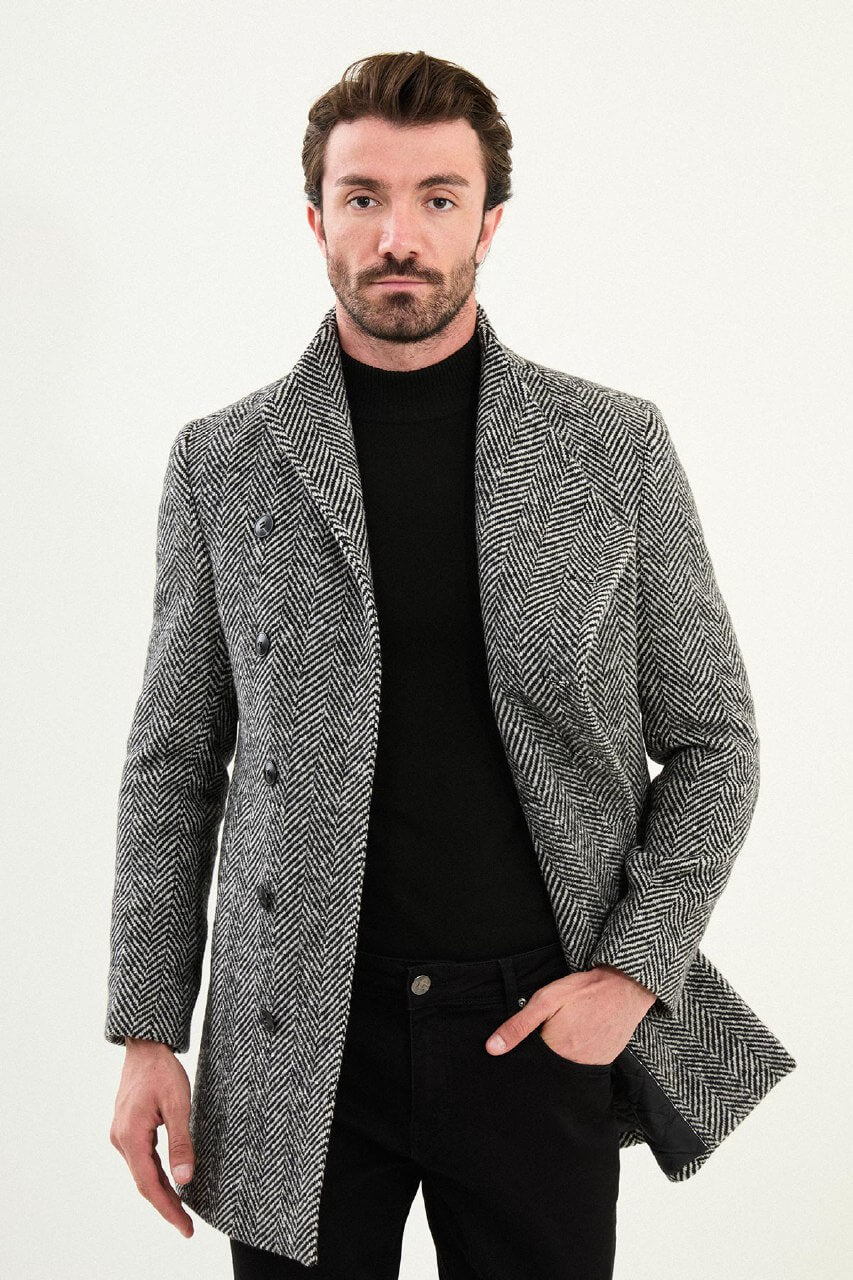 Monvero Grey Herringbone Double-Breasted Coat