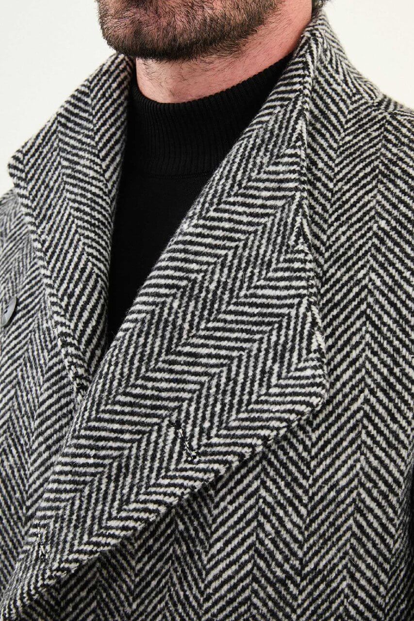 Monvero Grey Herringbone Double-Breasted Coat