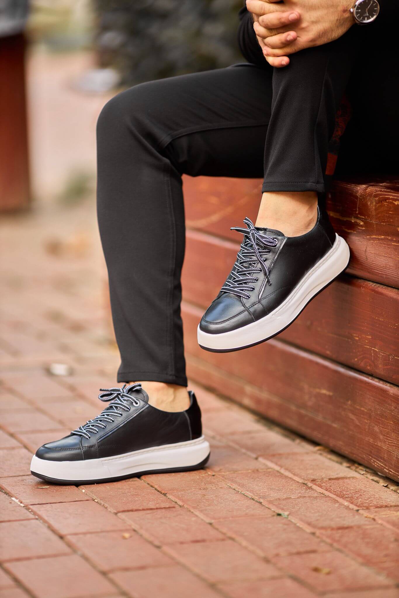 Monvero Black Luxe Leather Platform Sneakers.